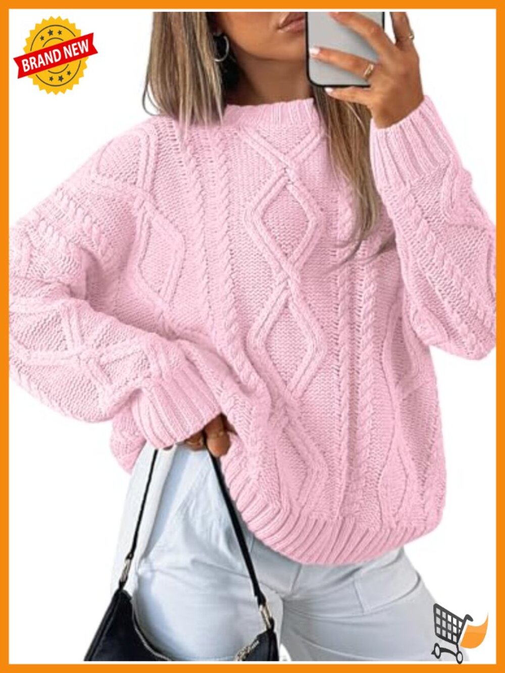 Oversized Cable Knit Sweater Cotton Blend Pullover Crew Neck Fall Winter